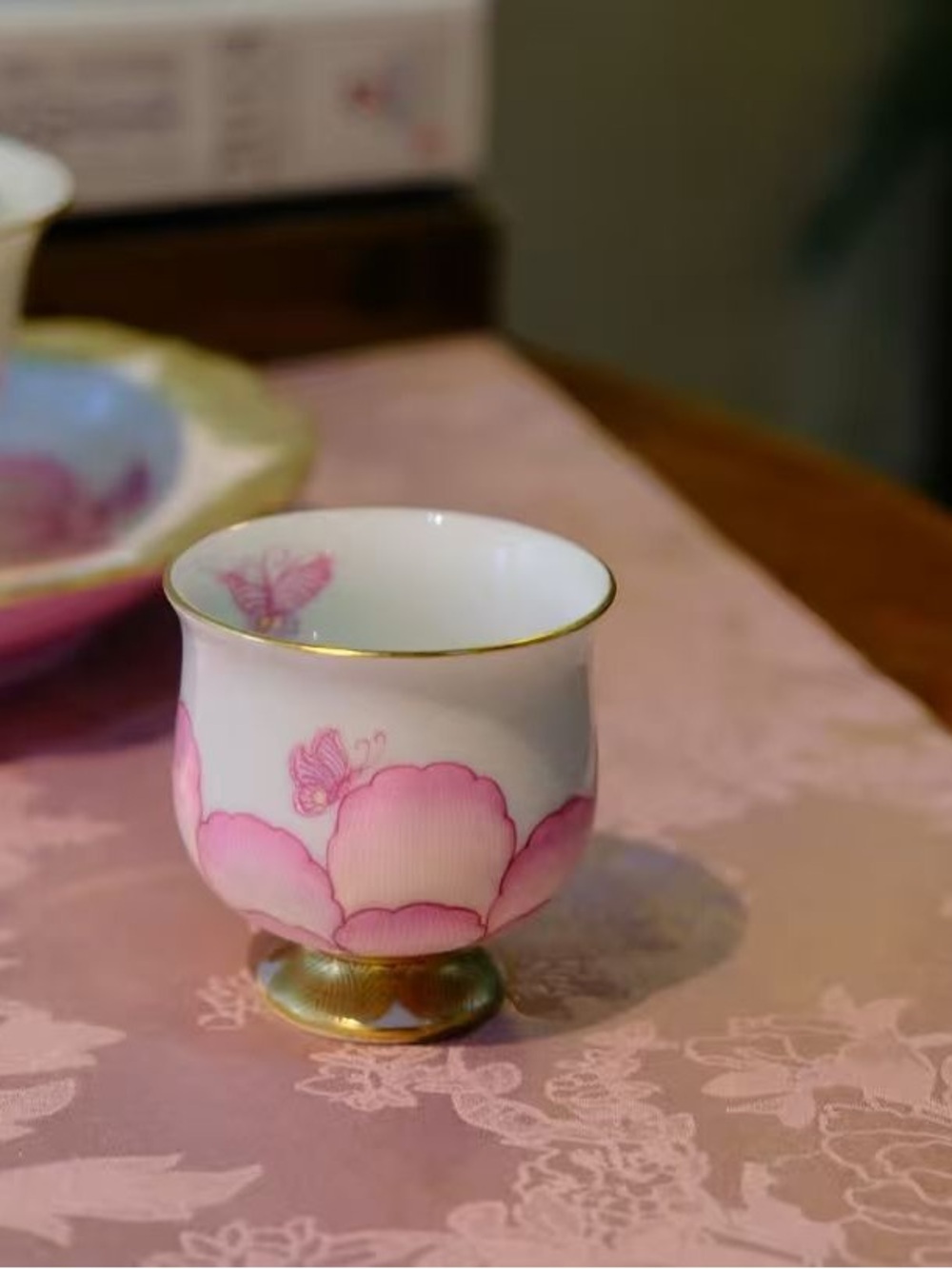 Porcelain Pink Floral Pedestal Cup with Gold Trim